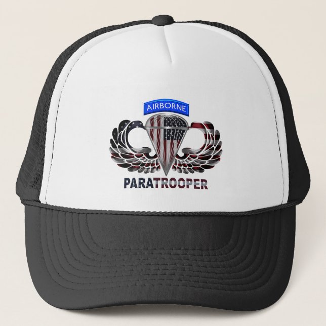 US Flag With Airborne Wings and Paratroopers Trucker Hat (Front)