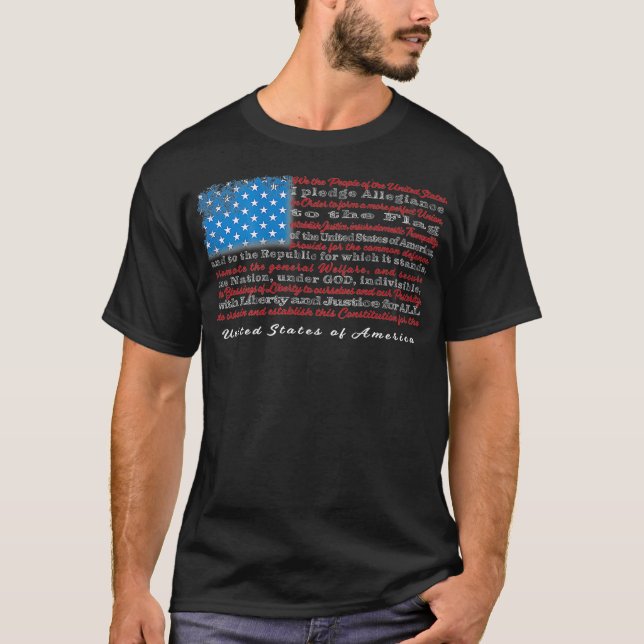 US Flag with Constitution Preamble and Pledge of A T-Shirt (Front)