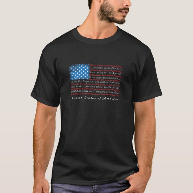 Us Flag With Constitution Preamble And Pledge Of A T-Shirt (Front)