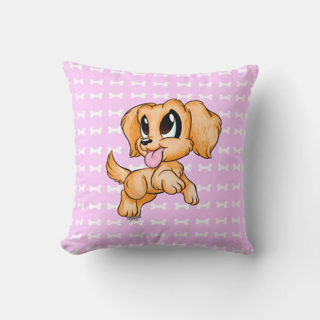 US Made Adorable Hand Drawn Dog Pink Throw Pillow (Front)