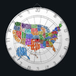 US MAP DARTBOARD<br><div class="desc">This is a map of the United States. The name of each state is spelled out in such a way as to form that state's shape. Interesting twist to the common map. Great for kids and geography class.</div>
