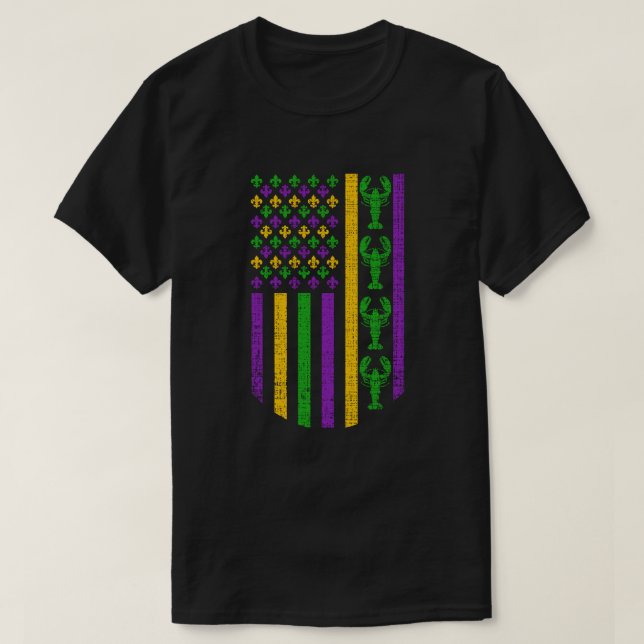 US Mardi Gras Flag with Fleur de Lis Crawfish T-Shirt (Design Front)