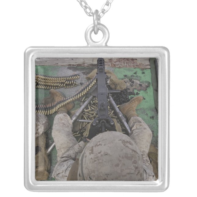 US Marine fires an M2 50-caliber machine gun Silver Plated Necklace (Front)