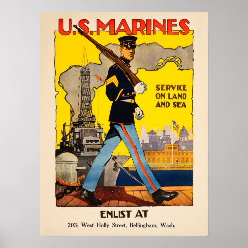 US Marines Service On Land and Sea American WW1 Poster