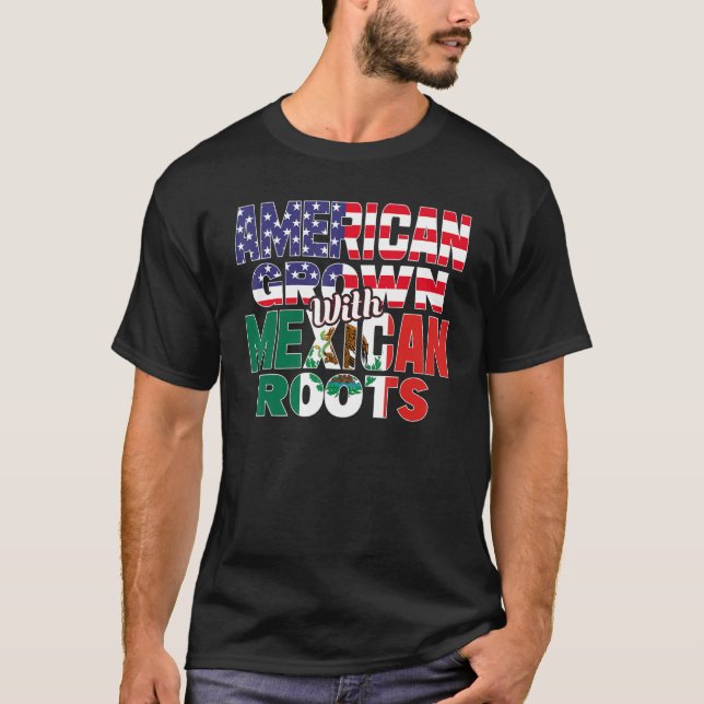 US & Mexican Flag MEXICAN ROOTS Half American Half T-Shirt (Front)