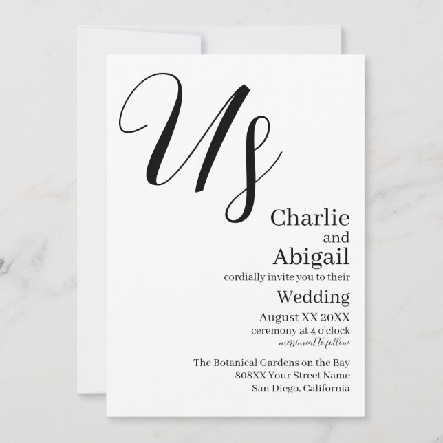 US Modern Elegant Wedding on White Invitation (Front)