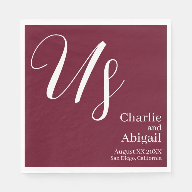 US Modern Romantic Wedding on Burgundy Napkins (Front)
