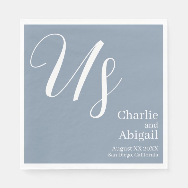 US Modern Romantic Wedding on Dusty Blue Napkins (Front)