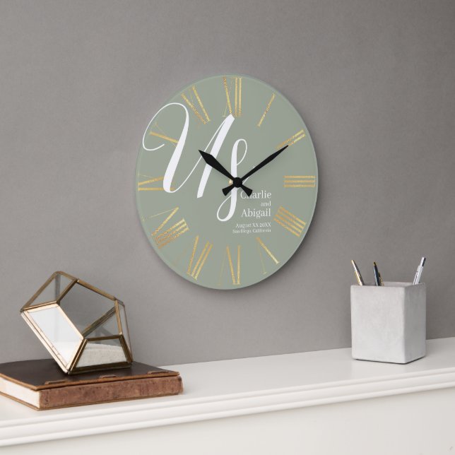 US Modern Romantic Wedding on Sage Green Large Clock (Office)