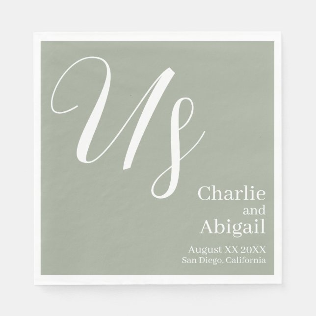 US Modern Romantic Wedding on Sage Green Napkins (Front)