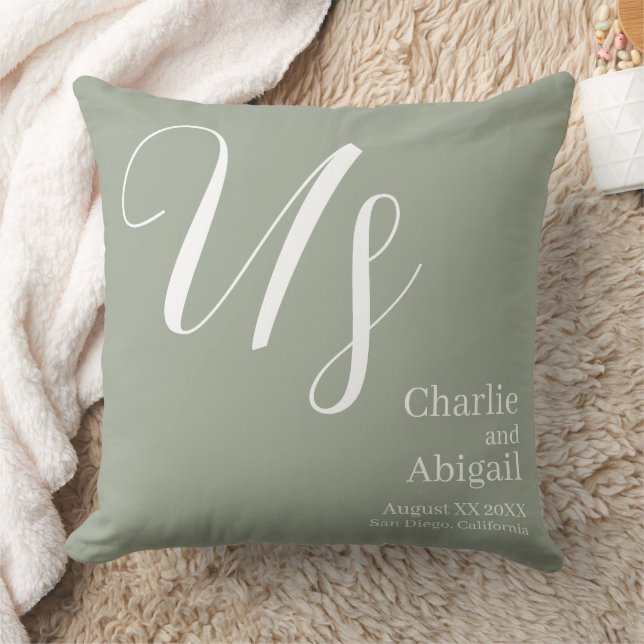 US Modern Romantic Wedding on Sage Green Throw Pillow (Blanket)