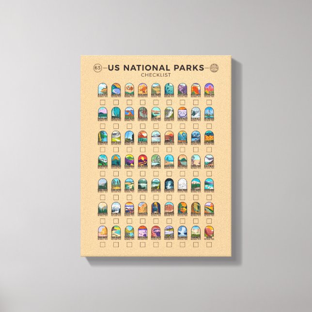 US National Parks of America Checklist Vintage Canvas Print (Front)