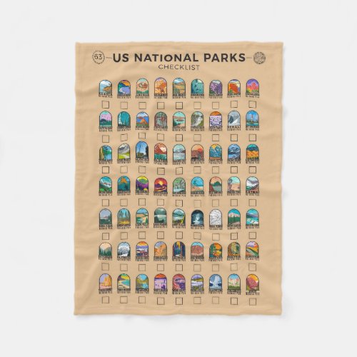 US National Parks of America Checklist Vintage Fleece Blanket