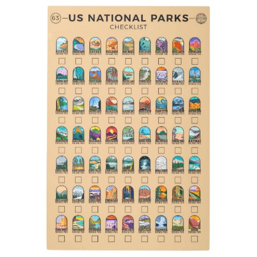 US National Parks of America Checklist Vintage Metal Print