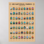 US National Parks of America Checklist Vintage Poster<br><div class="desc">A checklist for all 63 National Parks in the United States featuring unique illustrations. Visit them all!</div>