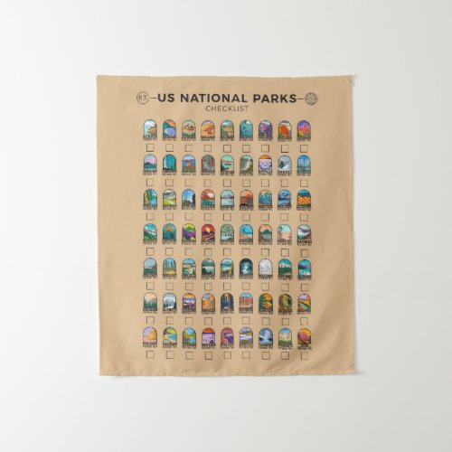 US National Parks of America Checklist Vintage Tapestry
