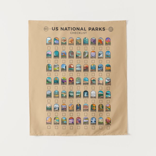 US National Parks of America Checklist Vintage Tapestry (Front)