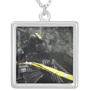 US Navy Diver gets ready to start his dive Silver Plated Necklace
