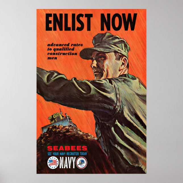 US Navy Seabees Propaganda Poster Vintage War Art (Front)