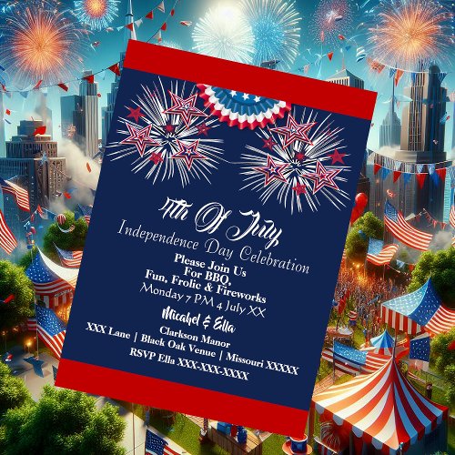 US Patriotic 4th July Firecracker BBQ Party Blue Invitation