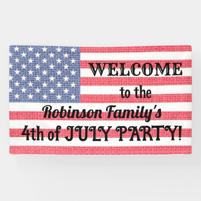US Patriotic American Flag Burlap Calligraphy text Banner (Horizontal)