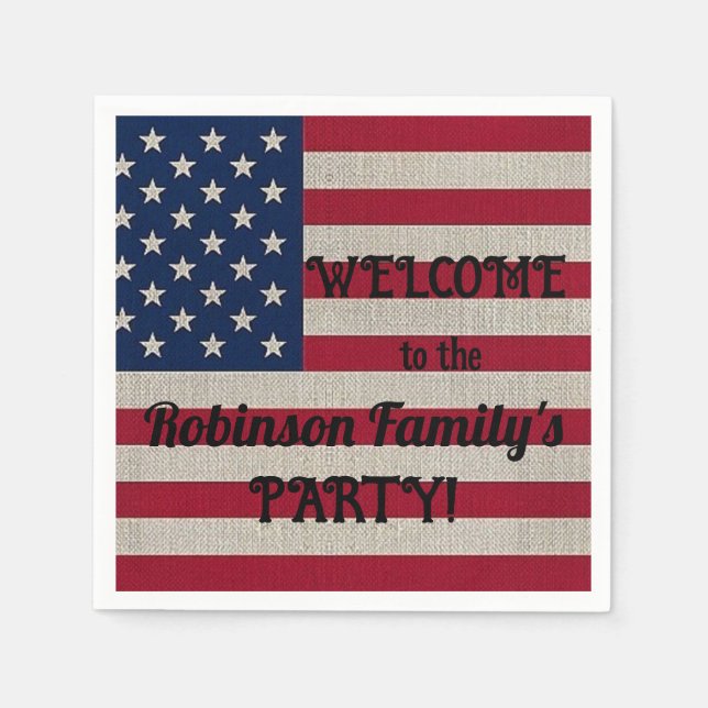 US Patriotic American Flag Linen Calligraphy Text Napkins (Front)