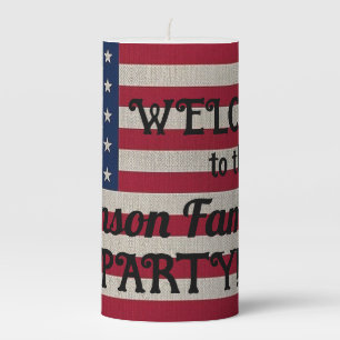 US Patriotic American Flag Linen Calligraphy Text Pillar Candle