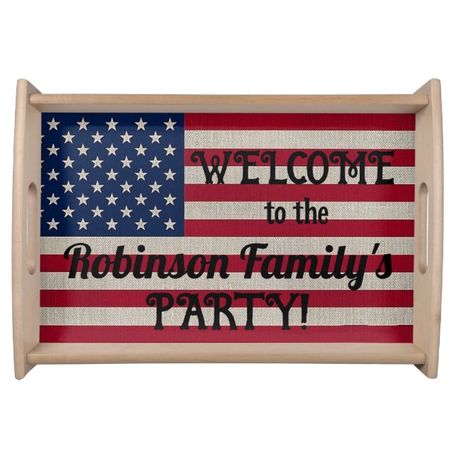 US Patriotic American Flag Linen Calligraphy Text Serving Tray (Front)