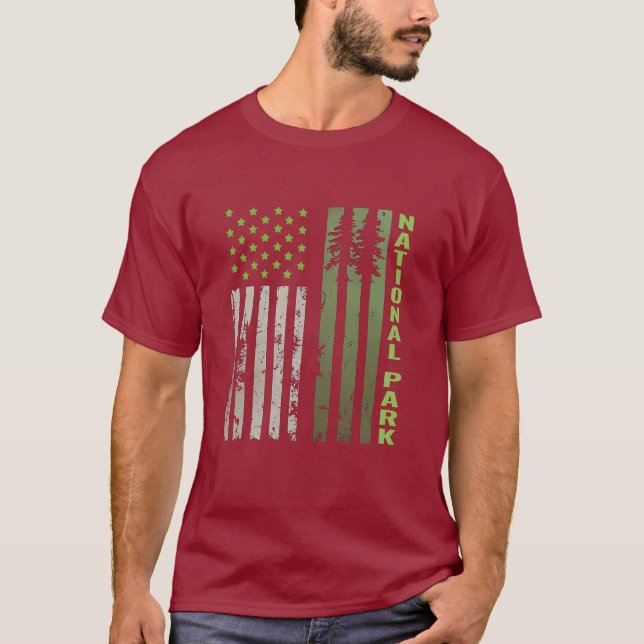 US Patriotic Pine Tree Supporting National Parks T-Shirt (Front)
