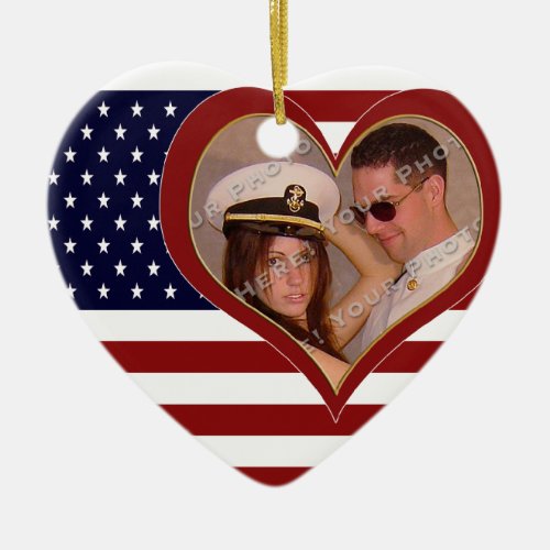 US Patriotic Wedding Photo Heart Ornamenent Ceramic Ornament