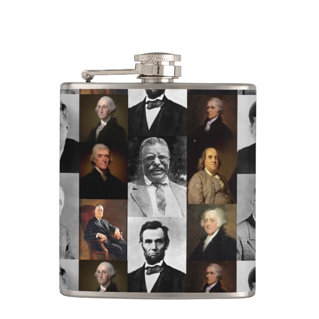 US Presidents Plus Hamilton and Franklin History Flask (Front)