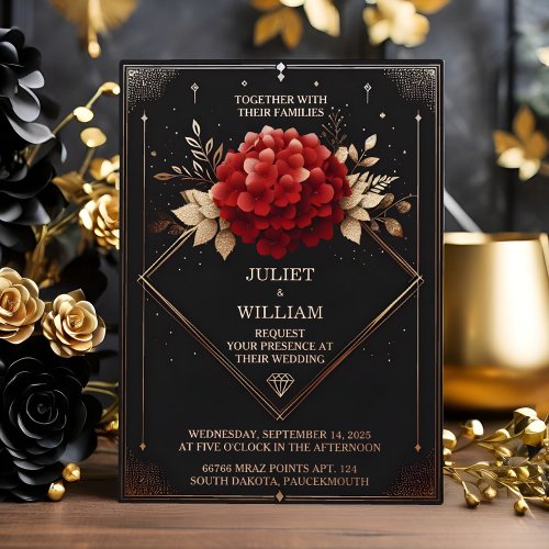 Us Roses Garden Diamond Red Black And Gold Wedding Foil Invitation