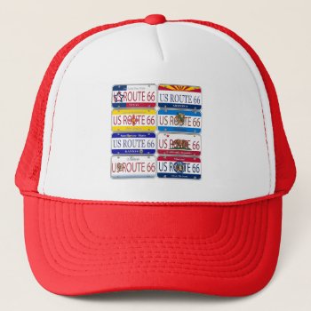 Us Route 66 All 8 States Vanity Plates Trucker Hat by KitzmanDesignStudio at Zazzle