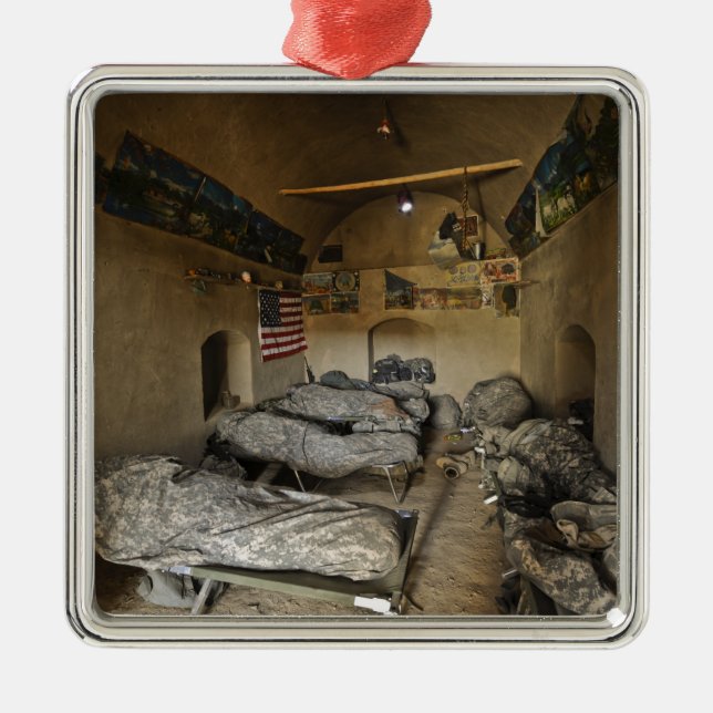 US Soldiers sleep in an abandoned mud house Metal Ornament (Front)