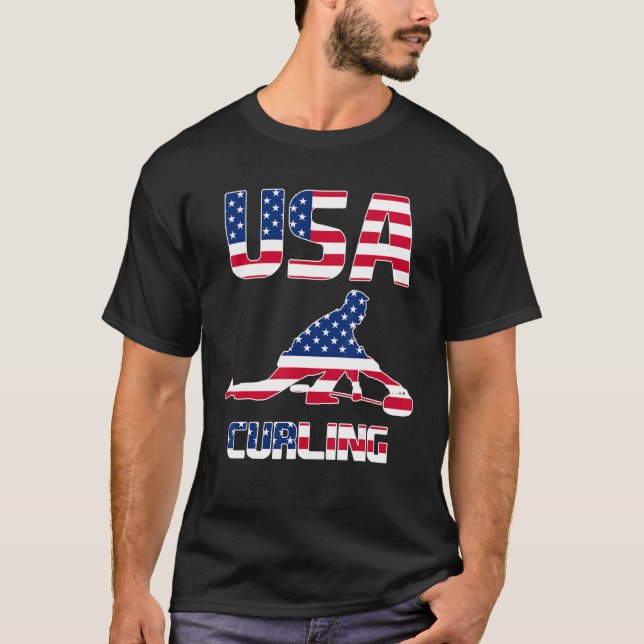 Us Team Curling Player  Us Flag Winter Sport Lover T-Shirt (Front)