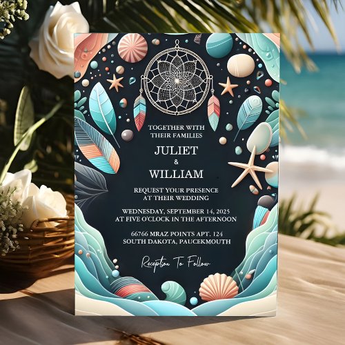 Us Tribal Aqua Sand Work Stacked Sea Glass Wedding Invitation