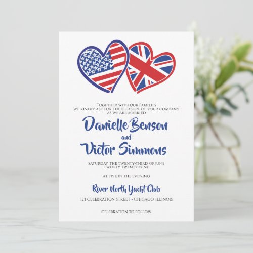 US UK Heart Flags Wedding Invitation