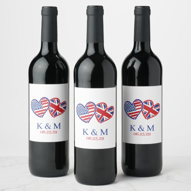 US UK Heart Flags Wine Label (Bottles)