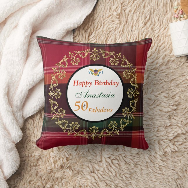 US Virgin Islands Flag 50 Fabulous Birthday Madras Throw Pillow (Blanket)