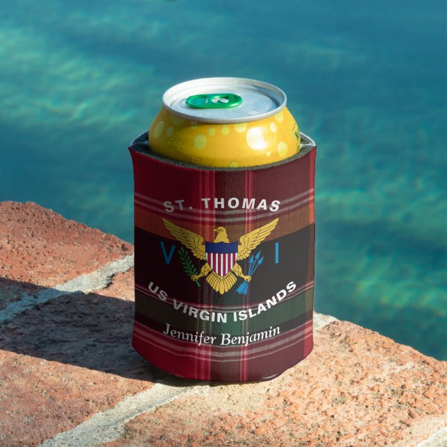 US Virgin Islands Flag St. Thomas USVI Madras Can Cooler (In Situ Pool)
