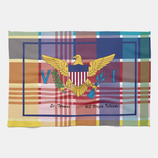 US Virgin Islands Flag St. Thomas USVI Madras Kitchen Towel (Horizontal)
