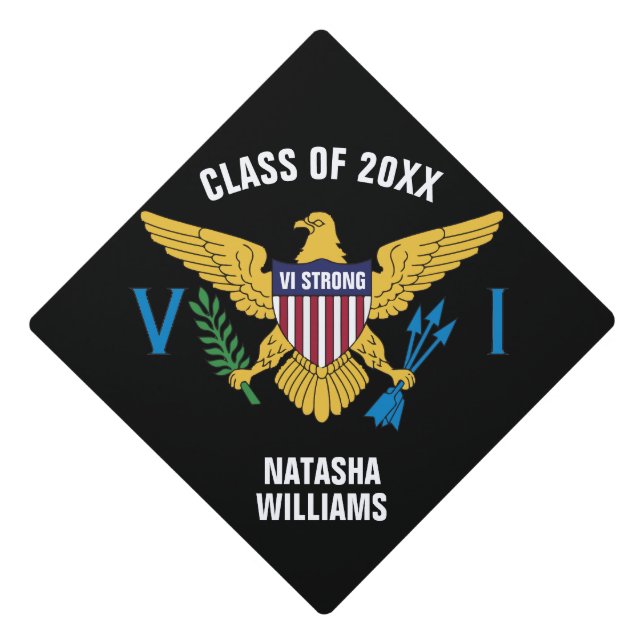 US Virgin Islands Flag, VI Strong, Black Graduation Cap Topper (Front)
