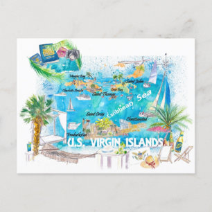 US Virgin Islands Illustrated Travel Map Postcard
