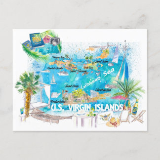 US Virgin Islands Illustrated Travel Map Postcard