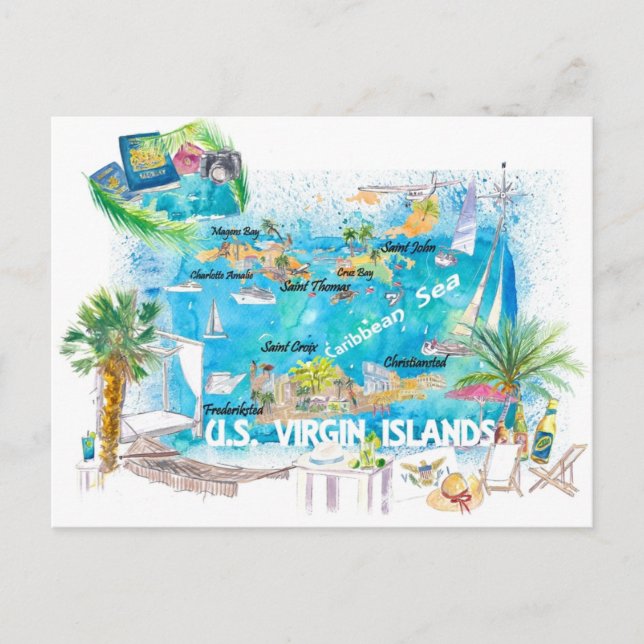 US Virgin Islands Illustrated Travel Map  Postcard (Front)