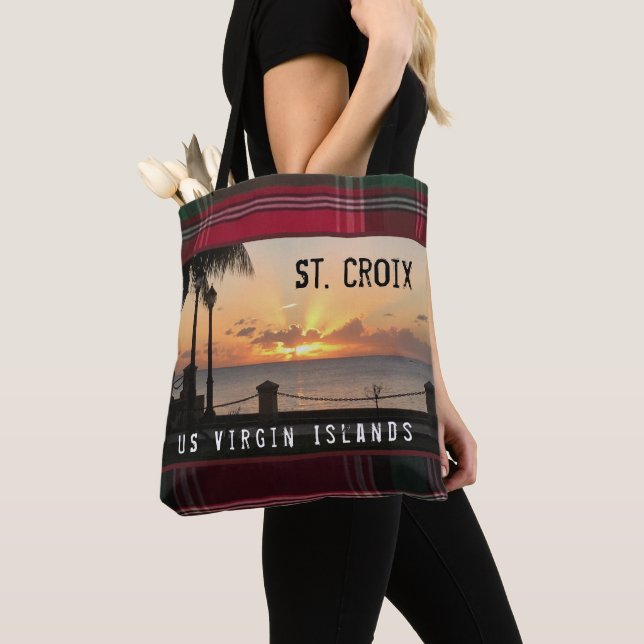 US Virgin Islands St. Croix Sunset Madras Tote Bag (Close Up)