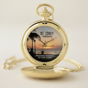US Virgin Islands St. Croix USVI Tropical Sunset Pocket Watch