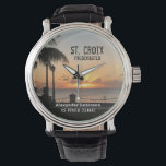 US Virgin Islands St. Croix USVI Tropical Sunset Watch<br><div class="desc">US Virgin Islands St. Croix USVI Tropical Sunset Watch has a wonderful way to enjoy a Virgin Islands Sunset, St. Croix Virgin Islands in the Caribbean! The sunset has a beautiful palm tree and the Frederiksted wharf that complements the sunset in silhouette. Personalized with your information. This stunning sunset photograph...</div>