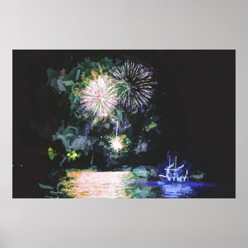 US Virgin Islands USVI Fireworks Boat Watercolor Poster