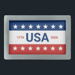 USA 1776 2026 250th Anniversary Red White Blue Belt Buckle<br><div class="desc">Celebrating the USA's 250th anniversary. These red, white, and blue belt buckles have the word 'USA' in the center. The years 1776 and 2026 are next to USA. The top stripe is blue and has white stars. The center stripe is white. The bottom stripe is red with white stars.</div>